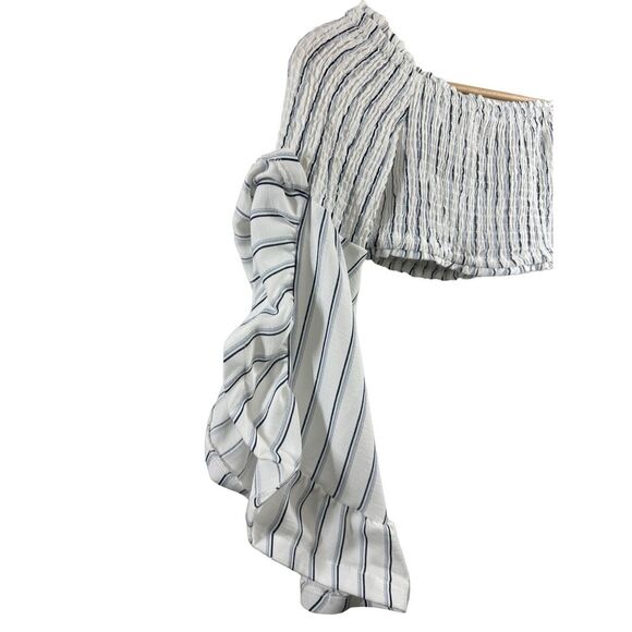 NWOT Hot & Delicious White and Blue Strip Ruffle Long Sleeve Off Shoulder Crop B - Picture 3 of 10
